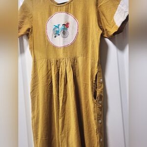 Mustard Yellow Maxi Dress with Bicycle Embroidery. Art2wear. Boho, Button Side.